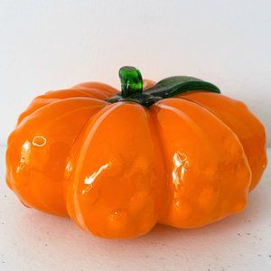 Vintage Hand Blown Art Glass Pumpkin Gourd Orange w/ White Stripes and Bumps 6"